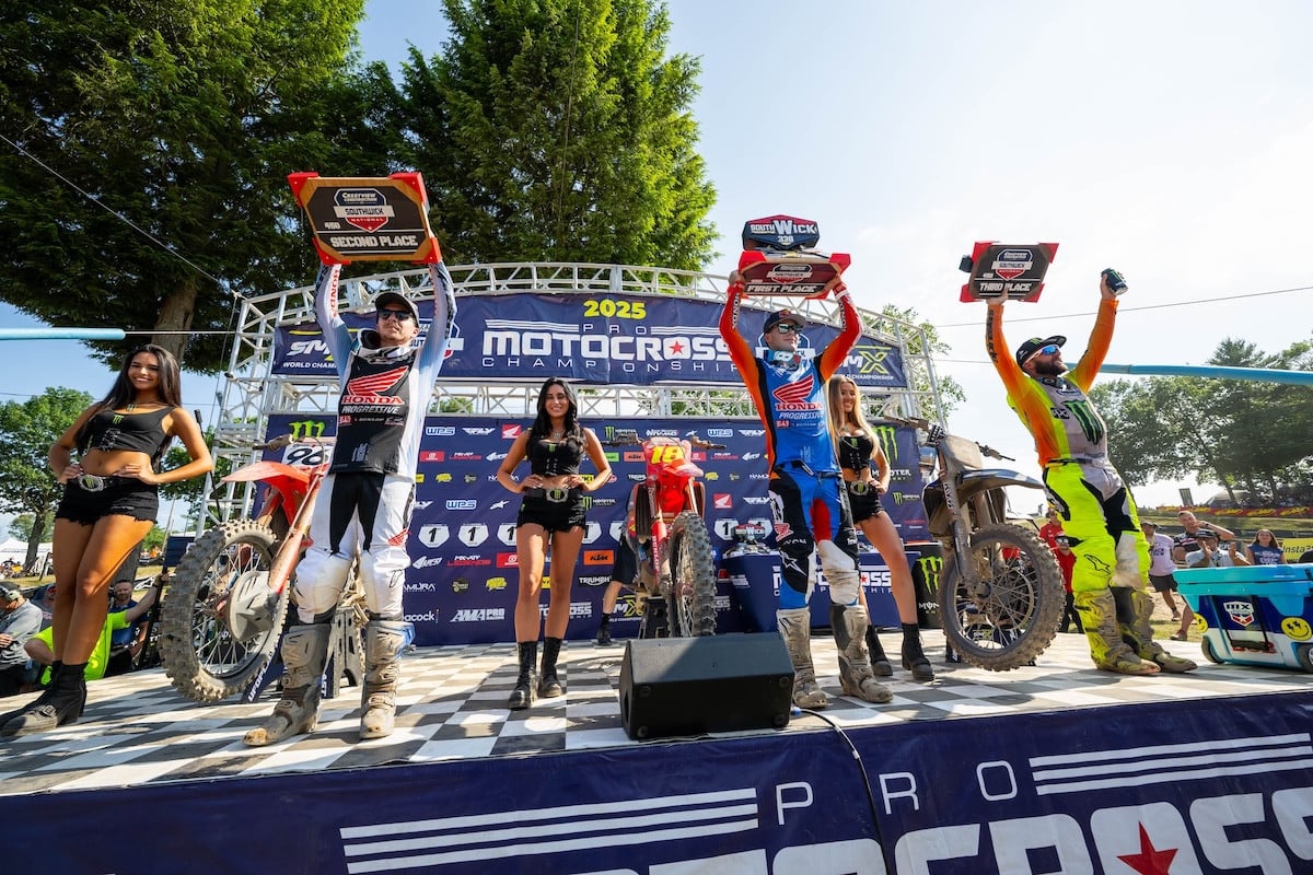 Podium picture, from left to right, Hunter Lawrence, Jett Lawrence and Eli Tomac.