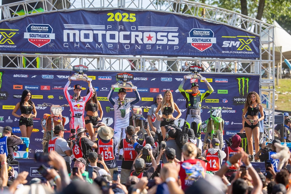 Podium picture, from left to right, Tom Vialle, Haiden Deegan and Levi Kitchen.