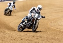 Mission AFT SuperTwins rider Briar Bauman (3) leads Dallas Daniels (32) and the rest of the field at the Lima Half-Mile. Photo Credit: Tim Lester /Courtesy American Flat Track.