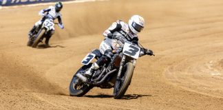 Mission AFT SuperTwins rider Briar Bauman (3) leads Dallas Daniels (32) and the rest of the field at the Lima Half-Mile. Photo Credit: Tim Lester /Courtesy American Flat Track.