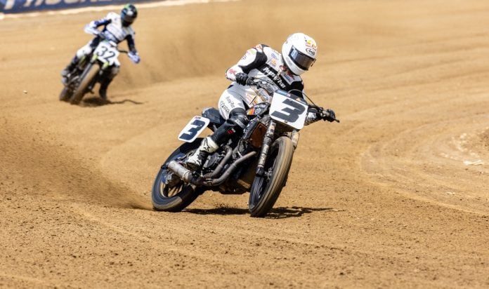 Mission AFT SuperTwins rider Briar Bauman (3) leads Dallas Daniels (32) and the rest of the field at the Lima Half-Mile. Photo Credit: Tim Lester /Courtesy American Flat Track.