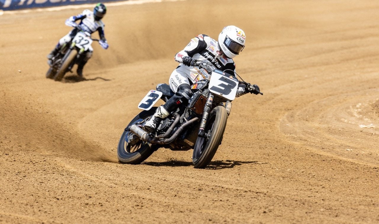 Mission AFT SuperTwins rider Briar Bauman (3) leads Dallas Daniels (32) and the rest of the field at the Lima Half-Mile. Photo Credit: Tim Lester /Courtesy American Flat Track.