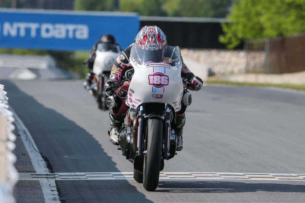 Miranda Cain won the Royal Enfield Build.Train.Race battle on Sunday at Road America. Photo by Brian J. Nelson