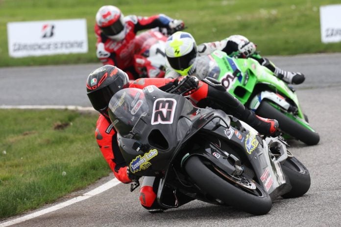 Alex Dumas (23) scored a perfect weekend at the 2025 CSBK season opener a few weeks ago - grabbing pole and then going on to win both Superbike races over Jordan Szoke (101) and Ben Young (1). Photo BY Rob O'Brien - courtesy CSBK.
