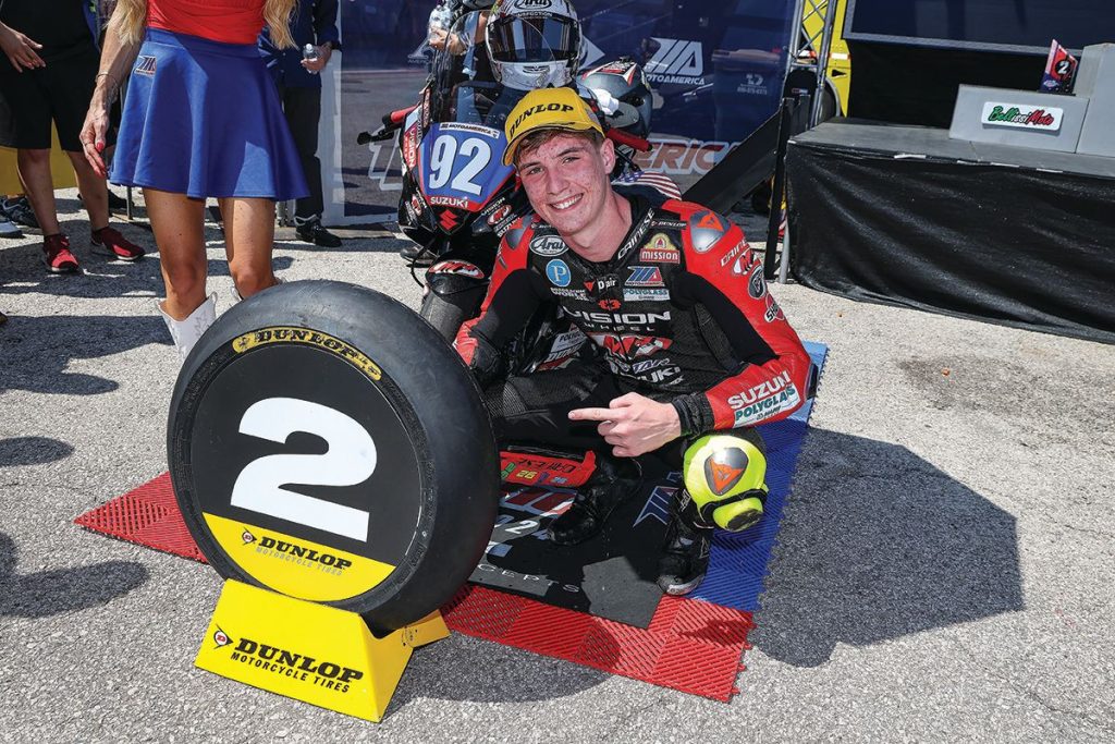 Rossi Moor on the MotoAmerica Twins Cup podium at COTA in 2024. Photo by Brian J. Nelson.