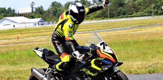 RACEMoto Regional Series Recap From Shannonville Motorsport Park Royal Distributing/Dunlop/Bell supported BMW Motorrad racer Michael Leon celebrates his strong weekend at Shannonville Motorsport Park’s third round of the RACE Moto Regional tour, July 6. Image by Don Empey.