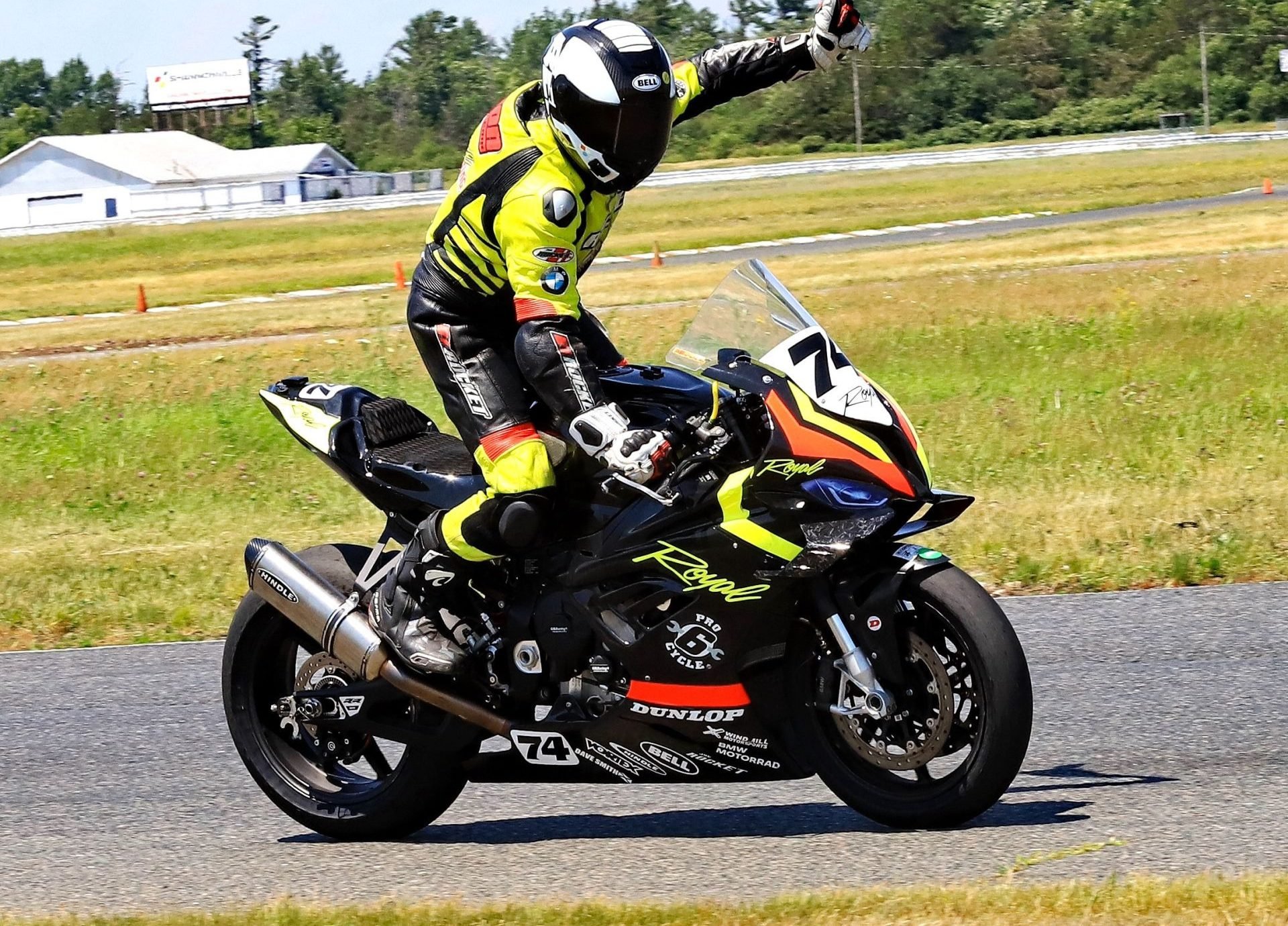 Royal Distributing/Dunlop/Bell supported BMW Motorrad racer Michael Leon celebrates his strong weekend at Shannonville Motorsport Park’s third round of the RACE Moto Regional tour, July 6. Image by Don Empey.