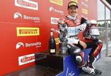 Scott Redding on the podium after his victory in race 2 at Brands Hatch. Photo courtesy BSB.