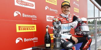 Scott Redding on the podium after his victory in race 2 at Brands Hatch. Photo courtesy BSB.
