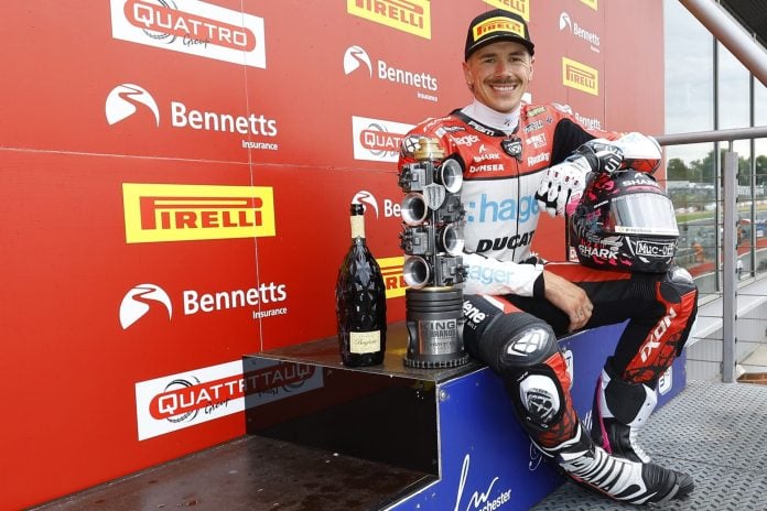 Scott Redding on the podium after his victory in race 2 at Brands Hatch. Photo courtesy BSB.