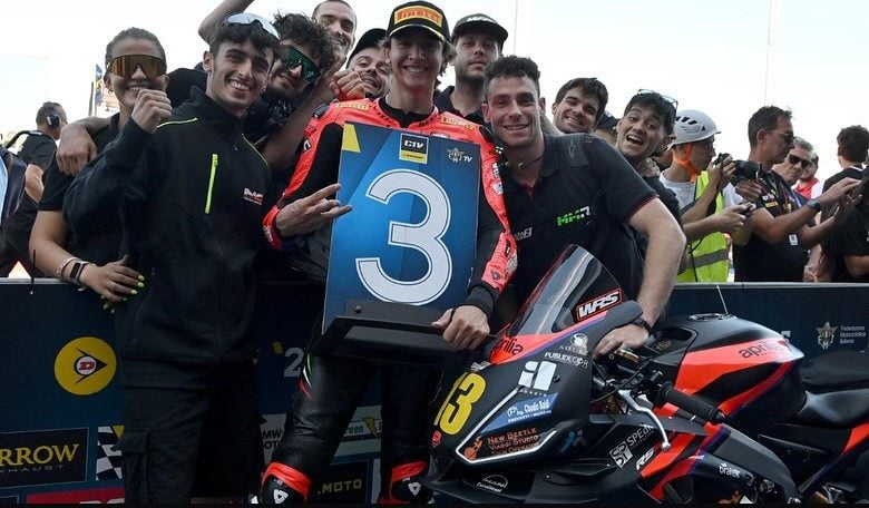 Jayden Fernandez and his crew celebrate P3 at Misano. Photo courtesy Fernandez Racing.
