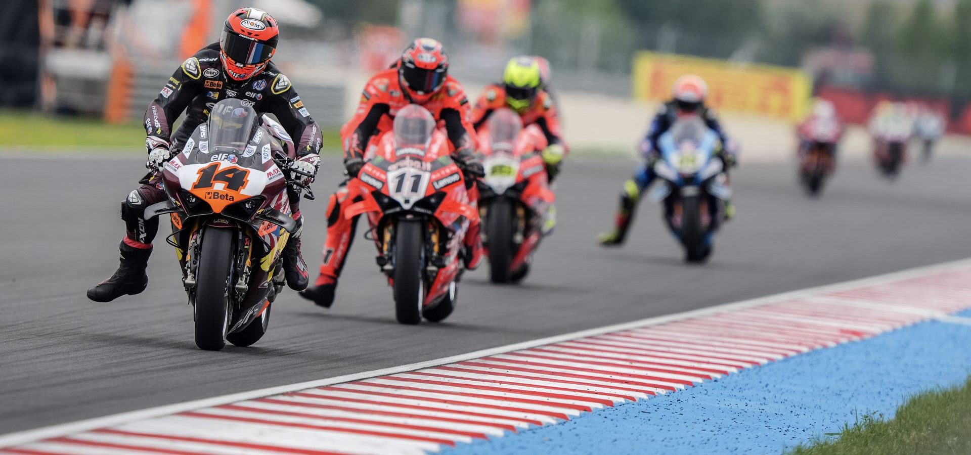 Sam Lowes (14) and Nicolo Bulega (11) during WSBK race 2 at Balaton Park. Photo courtesy Dorna.