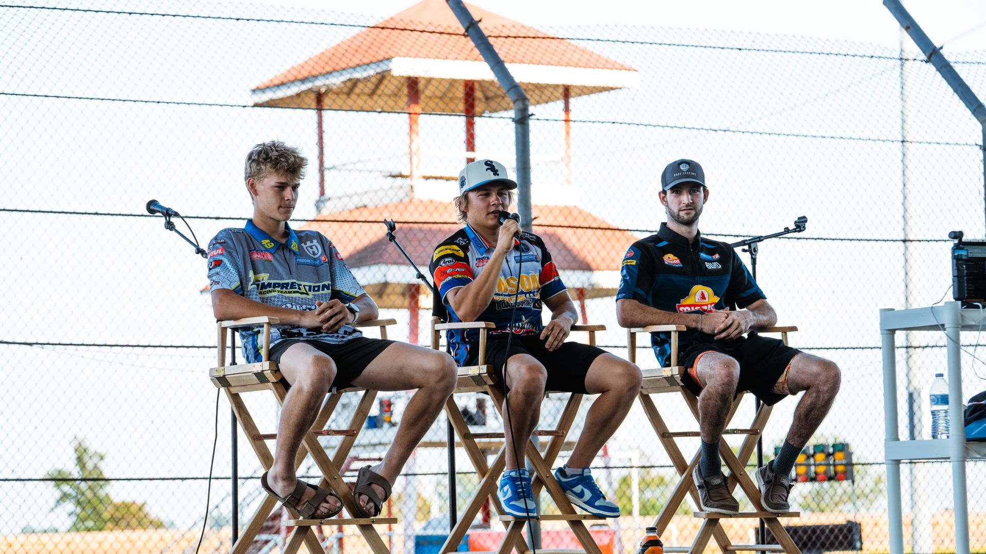 Evan Renshaw (65), Hunter Bauer (24), and Tarren Santero (75) during the Rider Q&A in DuQuoin Photo by : Tim Lester/ courtesy American Flat Track.