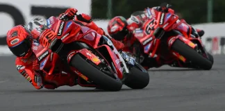 Marc Marquez (93) and Francesco Bagnaia (63) during the MotoGP Sprint race at Brno. Photo courtesy Dorna.