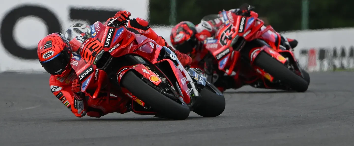 Marc Marquez (93) and Francesco Bagnaia (63) during the MotoGP Sprint race at Brno. Photo courtesy Dorna.