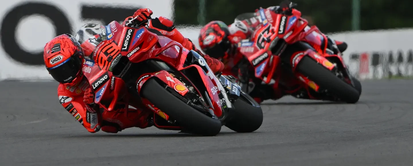 Marc Marquez (93) and Francesco Bagnaia (63) during the MotoGP Sprint Race at Brno. Photo courtesy Dorna.