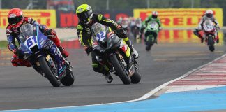Oli Bayliss (32) and Can Oncu (61) during the WSSP race 2 at Balaton Park Circuit, in Hungary. Photo courtesy Dorna.
