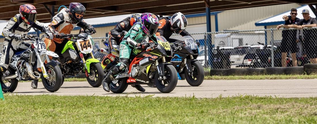 Super Mini grid 061425.jpg - Maverick Johnson (#163), Tanner Rhodes (#11), Kellan Funkhouser (#279), Craig Thompson (#144) on the starting grid for the GP190/Super Mini race, KartMoto, Cresson, TX. Photo Credit: Photographer Jeff Kulchinski/Model T Photography.