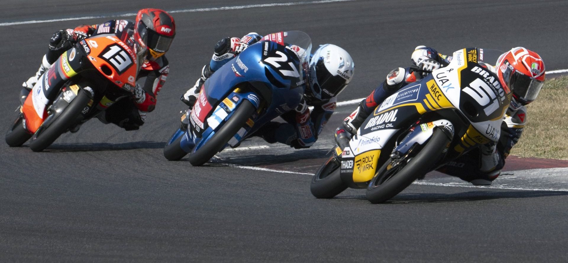 Brian Uriarte (51), Rico Salmela (27) and Haki Danish (13) at Magny-Cours Circuit. Photo courtesy FIM JuniorGP.