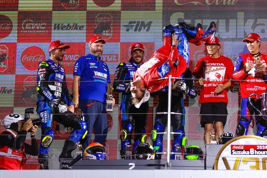 Johann Zarco on the podium at the Suzuka 8 hours in 2024. Photo courtesy EWC.
