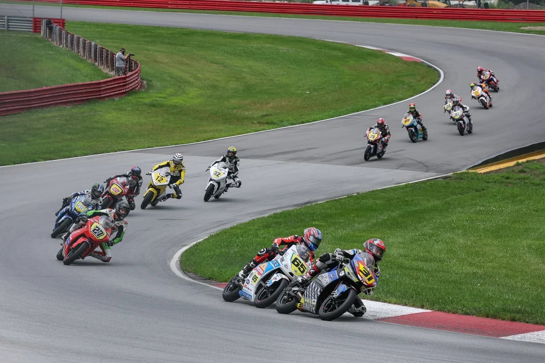 Hank Vossberg (31) and Bodie Paige (65) were able to distance themselves from Alessandro Di Mario (27) and the rest of the pack in the second of two Parts Unlimited Talent Cup By Motul races on Sunday at Mid-Ohio Sports Car Course. Photo by Brian J. Nelson