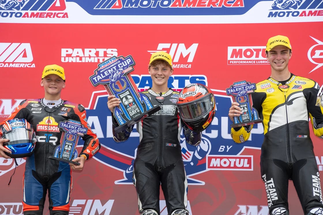 (From left to right) Bodie Paige, Hank Vossberg and Kody Kopp celebrate on the Mid-Ohio podium. Photo by Brian J. Nelson