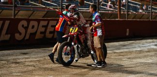 AFT Heads To Jackpine Gypsies Short Track Trevor Brunner (21) celebrates winning the AFT Singles presented by KICKER class Main Event at Lucas Oil Speedway on July 18 Photo by: Kristen Lassen / courtesy American Flat Track.