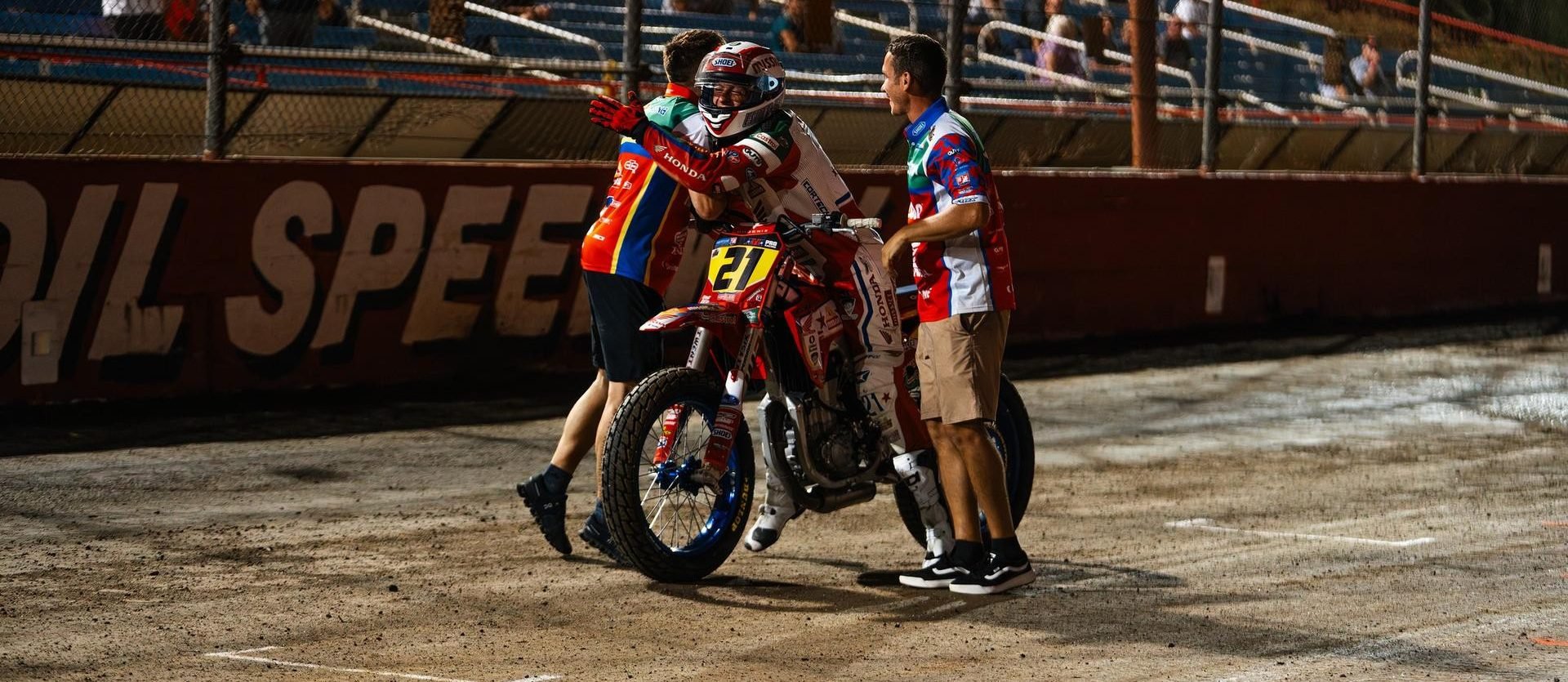 Trevor Brunner (21) celebrates winning the AFT Singles presented by KICKER class Main Event at Lucas Oil Speedway on July 18 Photo by: Kristen Lassen / courtesy American Flat Track.
