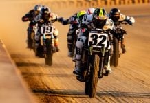 Dallas Daniels (32) races down the straightaway ahead of other Mission AFT SuperTwins riders at the DuQuoin Mile. Photo credit: Tim Lester / courtesy American Flat Track.
