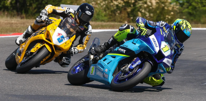 Mathew Scholtz (1) and PJ Jacobsen (15) are just three points apart in the battle for the 2025 MotoAmerica Motovation Supersport Championshp as the series heads to VIRginia International Raceway, August 1-3. Photo by Brian J. Nelson