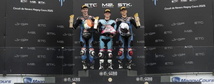 JuniorGP Podium picture, from left to right, Casey O'Gorman, Joel Esteban and Rico Salmela. Photo courtesy FIM JuniorGP.