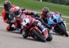 Ben Young (1) won the first Superbike race of the RAD Torque Raceway CSBK weekend on Saturday after a last lap pass over Alex Dumas (hidden). Sam Guérin (2) completed the podium after leading most of the race. Photo credit : Rob O'Brien / courtesy CSBK.
