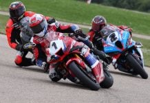 Ben Young (1) won the first Superbike race of the RAD Torque Raceway CSBK weekend on Saturday after a last lap pass over Alex Dumas (hidden). Sam Guérin (2) completed the podium after leading most of the race. Photo credit : Rob O'Brien / courtesy CSBK.