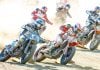 AFT Singles presented by KICKER riders Trevor Brunner (21), Chad Cose (49), Kage Tadman (228), and others race during heats at the Lima Half-Mile this past weekend. Photo credit: Tim Lester / courtesy American Flat Track.