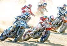 AFT Singles presented by KICKER riders Trevor Brunner (21), Chad Cose (49), Kage Tadman (228), and others race during heats at the Lima Half-Mile this past weekend. Photo credit: Tim Lester / courtesy American Flat Track.