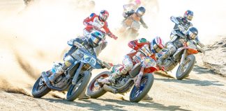 AFT Singles presented by KICKER riders Trevor Brunner (21), Chad Cose (49), Kage Tadman (228), and others race during heats at the Lima Half-Mile this past weekend. Photo credit: Tim Lester / courtesy American Flat Track.