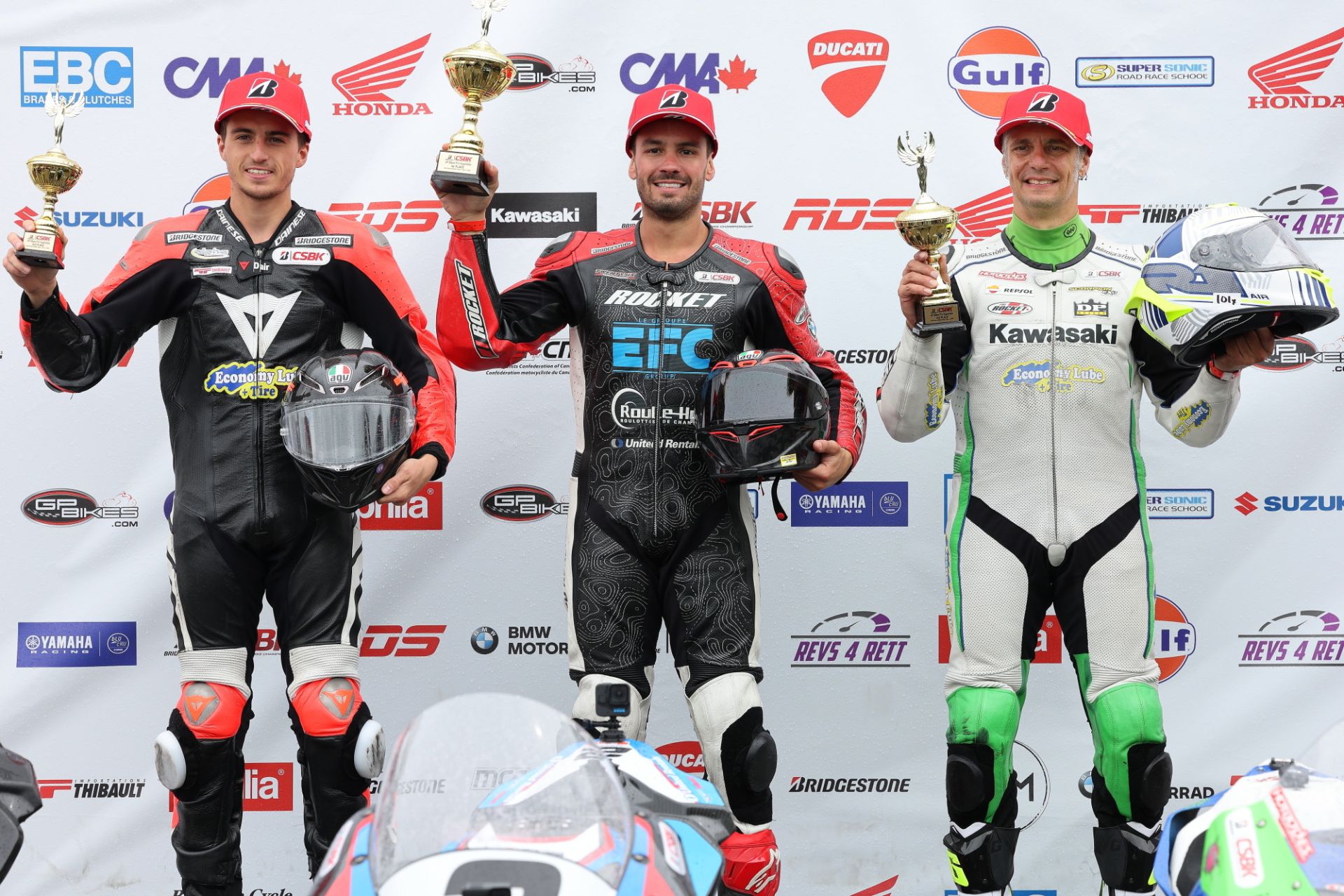 GP Bikes Pro Superbike Race 2 podium (L-R): Alex Dumas, Sam Guérin, and Jordan Szoke. Photo credit: Rob O'Brien / courtesy CSBK.