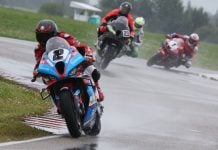 Sam Guérin (2) took the lead from the start of Sunday's Superbike race two at RAD Torque Raceway and went on to win after leading every lap over Jordan Szoke (partially hidden, 2nd), Alex Dumas (23, 3rd), and Ben Young (1, 4th). Photo credit: Rob O'Brien / courtesy CSBK.