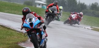 CSBK: Guérin Wins Superbike Race 2 at RAD Torque Sam Guérin (2) took the lead from the start of Sunday's Superbike race two at RAD Torque Raceway and went on to win after leading every lap over Jordan Szoke (partially hidden, 2nd), Alex Dumas (23, 3rd), and Ben Young (1, 4th). Photo credit: Rob O'Brien / courtesy CSBK.