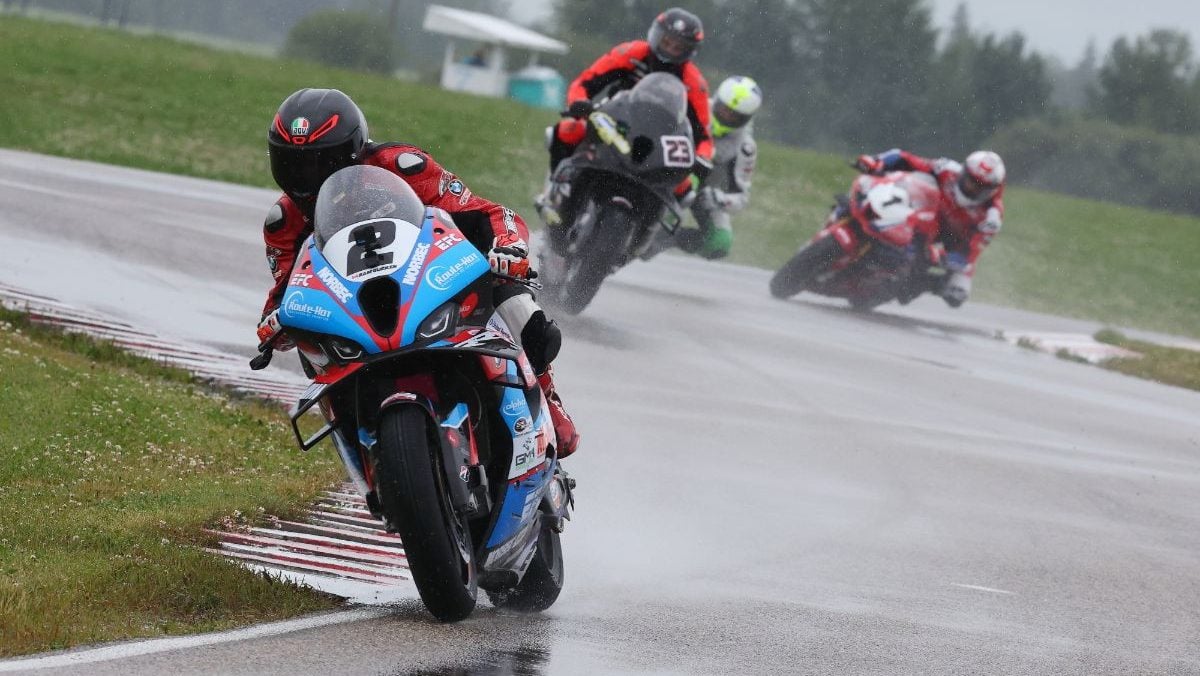 Sam Guérin (2) took the lead from the start of Sunday's Superbike race two at RAD Torque Raceway and went on to win after leading every lap over Jordan Szoke (partially hidden, 2nd), Alex Dumas (23, 3rd), and Ben Young (1, 4th). Photo credit: Rob O'Brien / courtesy CSBK.
