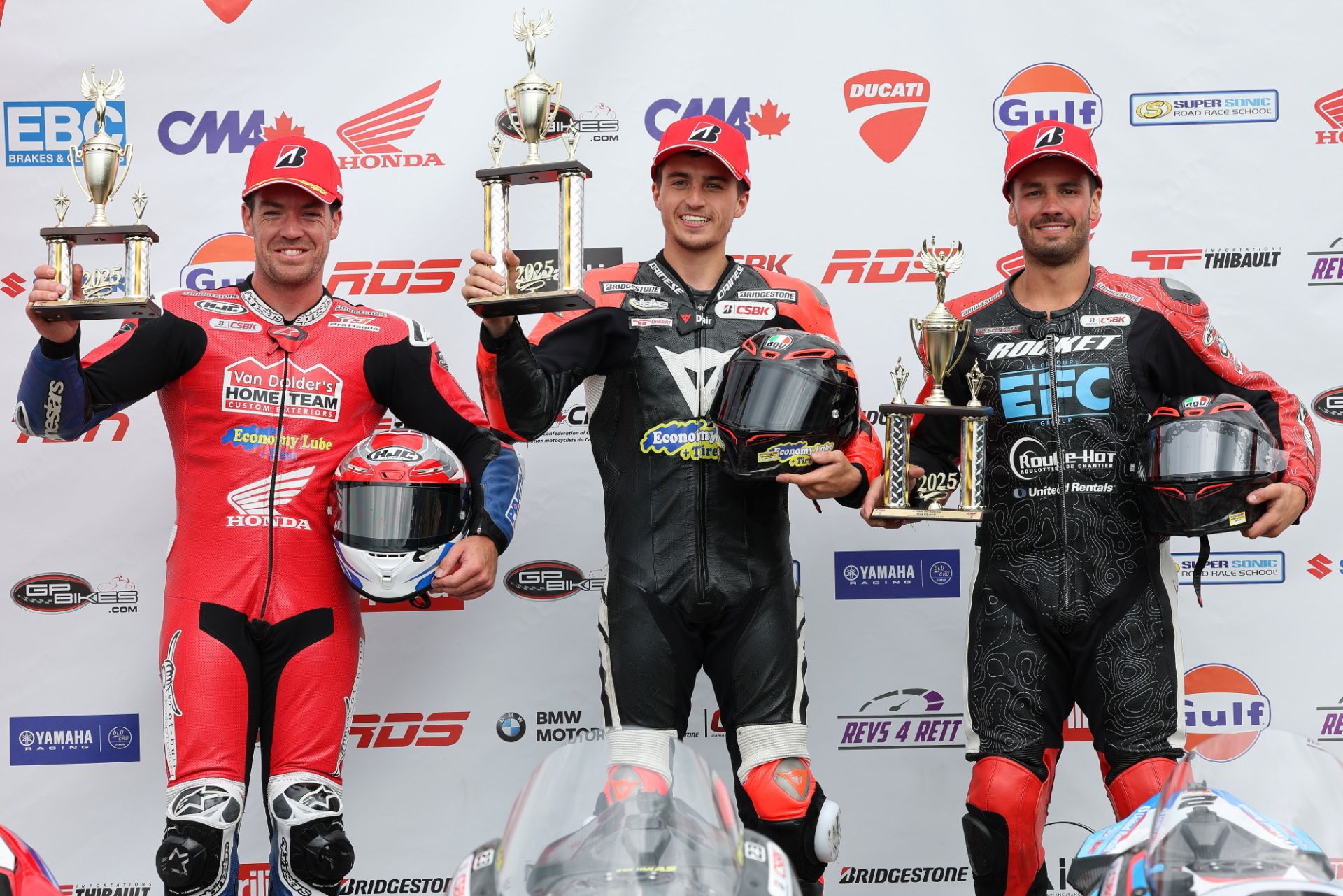 GP Bikes Pro Superbike Race 3 podium (L-R): Ben Young, Alex Dumas, and Sam Guérin. Photo credit: Rob O'Brien / courtesy CSBK.