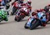 Sam Guérin (2) leads the Pro Superbike field into the first turn during race three action of the CSBK triple-header weekend at RAD Torque Raceway. Photo courtesy: Rob O'Brien / Courtesy CSBK.