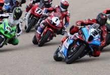 Sam Guérin (2) leads the Pro Superbike field into the first turn during race three action of the CSBK triple-header weekend at RAD Torque Raceway. Photo courtesy: Rob O'Brien / Courtesy CSBK.