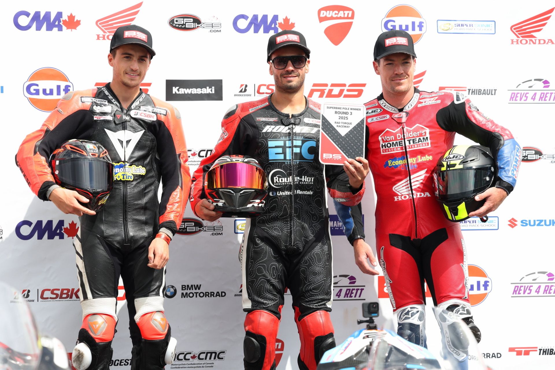 The BS Battery Pole Award podium from Friday at RAD Torque Raceway (L-R): Alex Dumas, Sam Guérin, and Ben Young. Photo credit Rob O'Brien / courtesy CSBK.