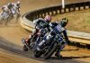 Mission AFT SuperTwins riders Dallas Daniels (32) and Davis Fisher (67) lead James Ott (19) and Briar Bauman (3) during Practice at the DuQuoin Mile July 5th. Photo by: Tim Lester / courtesy American Flat Track.