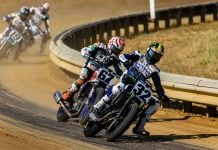 Mission AFT SuperTwins riders Dallas Daniels (32) and Davis Fisher (67) lead James Ott (19) and Briar Bauman (3) during Practice at the DuQuoin Mile July 5th. Photo by: Tim Lester / courtesy American Flat Track.