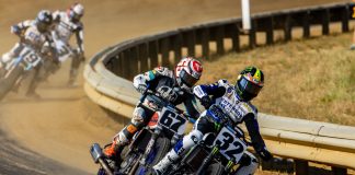 Mission AFT SuperTwins riders Dallas Daniels (32) and Davis Fisher (67) lead James Ott (19) and Briar Bauman (3) during Practice at the DuQuoin Mile July 5th. Photo by: Tim Lester / courtesy American Flat Track.