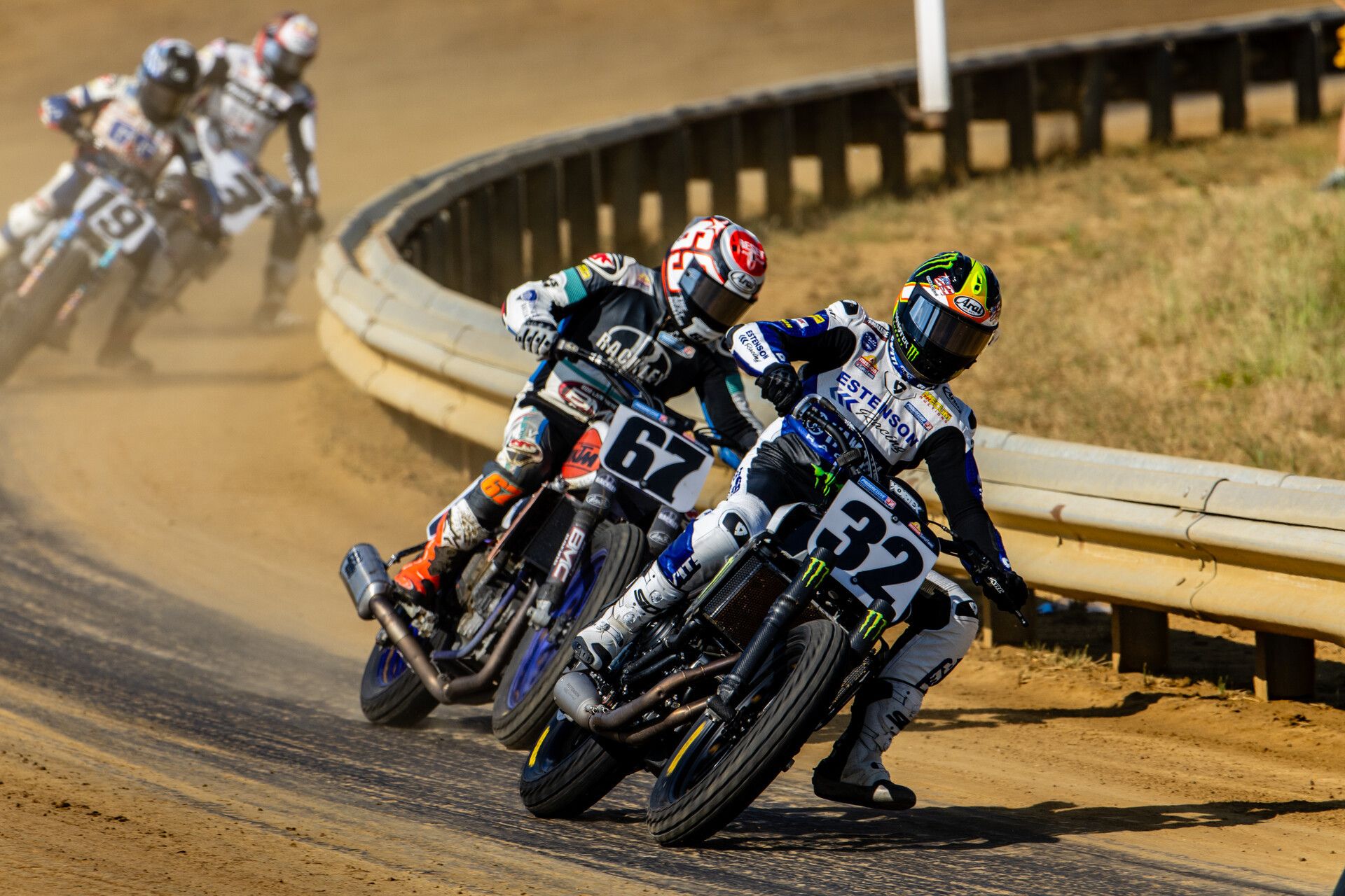 Mission AFT SuperTwins riders Dallas Daniels (32) and Davis Fisher (67) lead James Ott (19) and Briar Bauman (3) during Practice at the DuQuoin Mile July 5th. Photo by: Tim Lester / courtesy American Flat Track.
