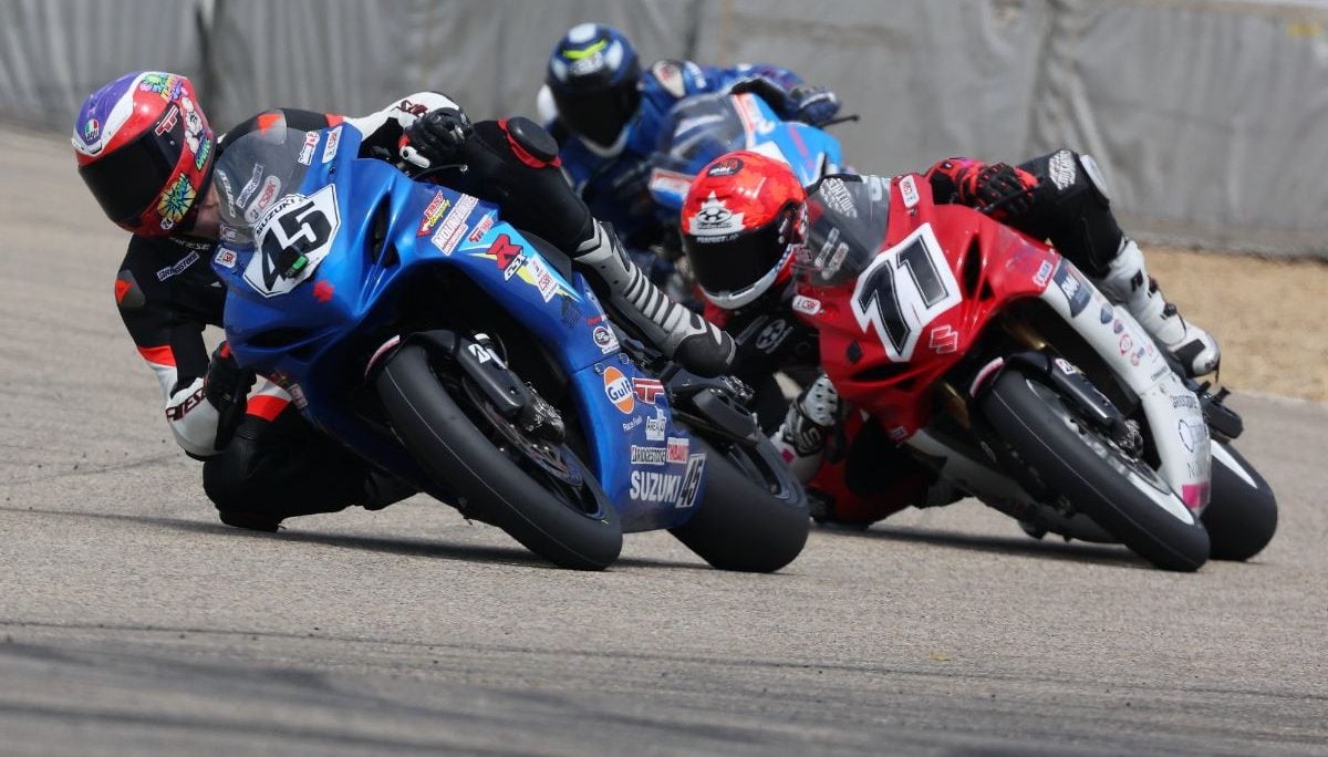 Early race action during the first of three Pro Supersport races this weekend at RAD Torque Raceway saw Andrew Van Winkle (45) with the early lead over eventual race winner Torin Collins (71) and Sebastien Tremblay (hidden). Photo credit: Rob O'Brien / courtesy CSBK.