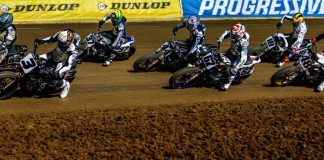 Mission AFT SuperTwins riders Briar Bauman (3), Dan Bromley (62), Davis Fisher (67), Trent Lowe (48), Bronson Bauman (37), Brandon Robinson (44) and Max Whale (18) during the Main Event at Lucas Oil Speedway Friday night. Photo by: Tim Lester / courtesy American Flat Track